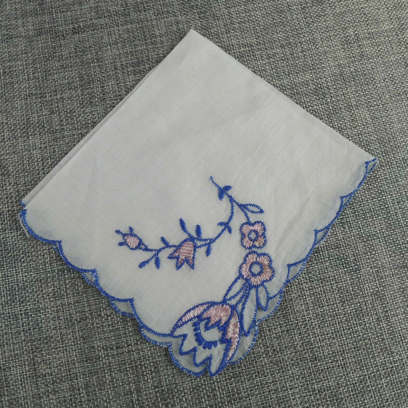 Vintage Embroidered Floral Handkerchief Pink And Blue On White Scalloped Edge