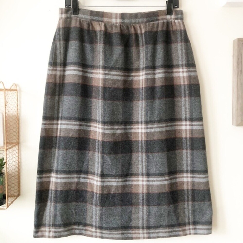 Vintage 80s Anderson Little Wool Blend Gray Plaid A-Line Midi Skirt