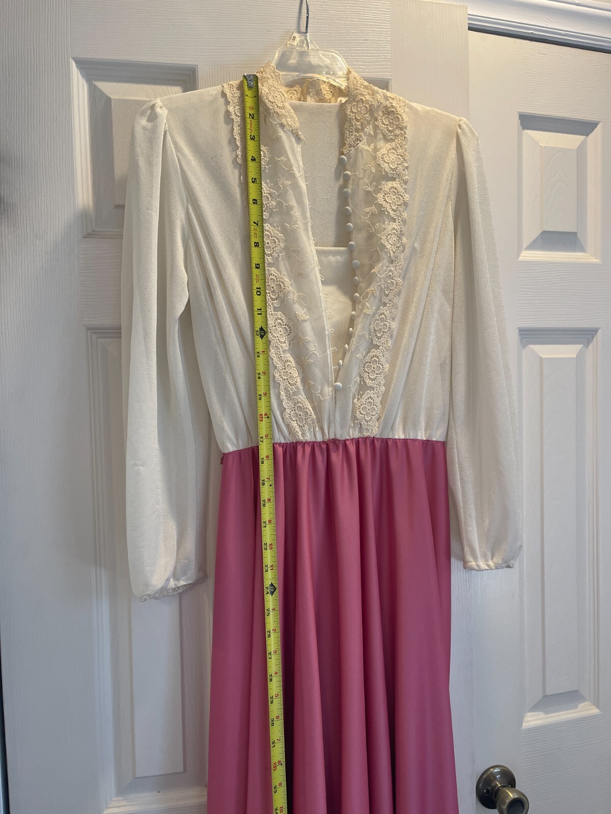 Vintage 1920s pink white Long sleeve sheer camisole long dress size S 57 in long