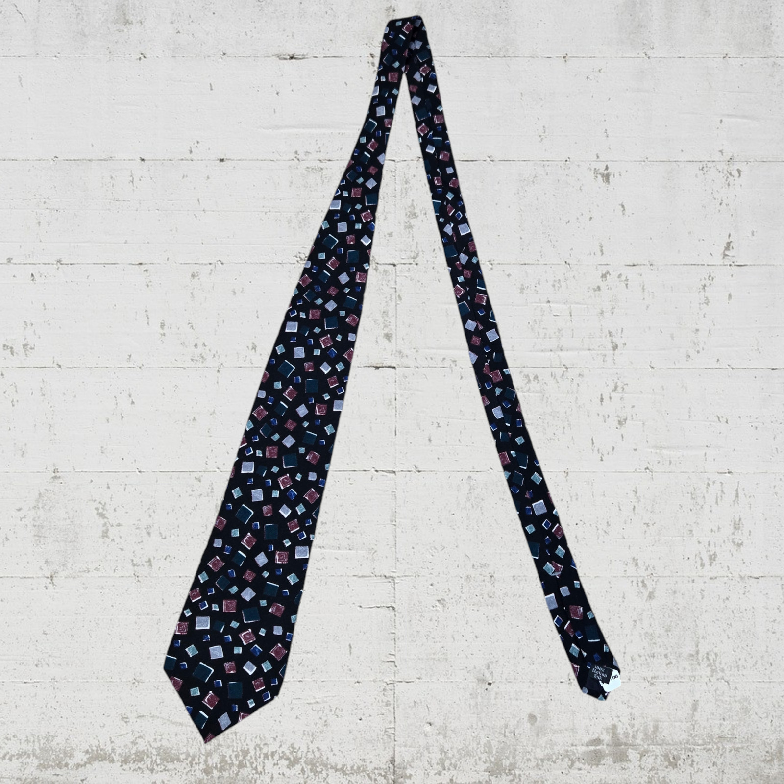 1990s Vintage Navy Square Geometric Pattern 100% Italian Silk Neck Tie 3.75 x 57