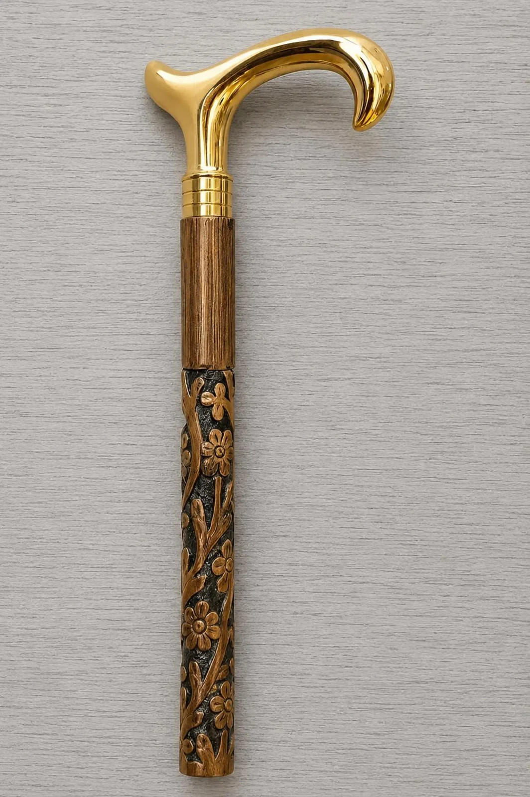Brass Handle Wooden Walking Stick Hand Carved Foldable Floral Cane Gift For Men
