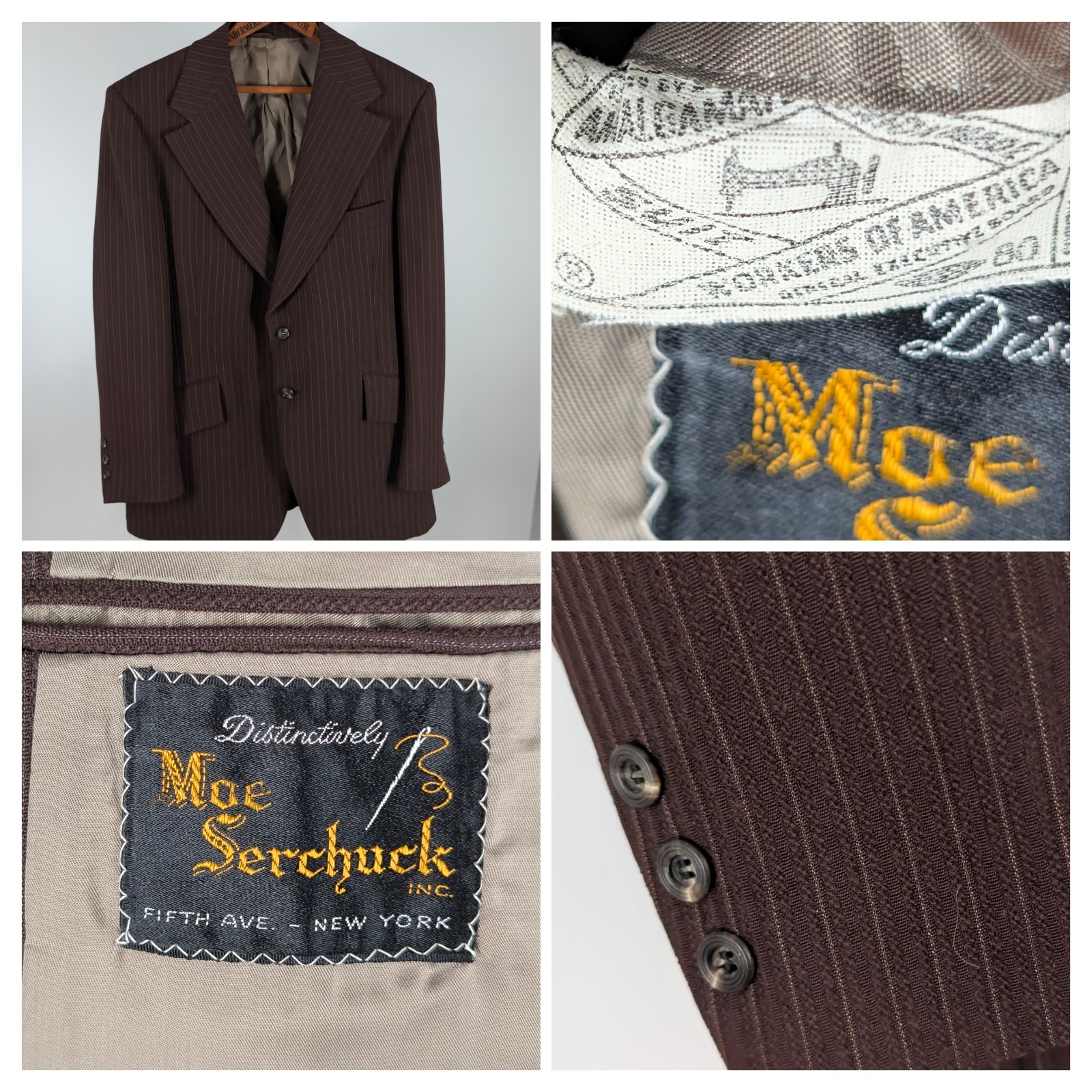 Vintage 70s Moe Serchuck New York Pinstripe Wool Suit Jacket Blazer Brown 40 USA