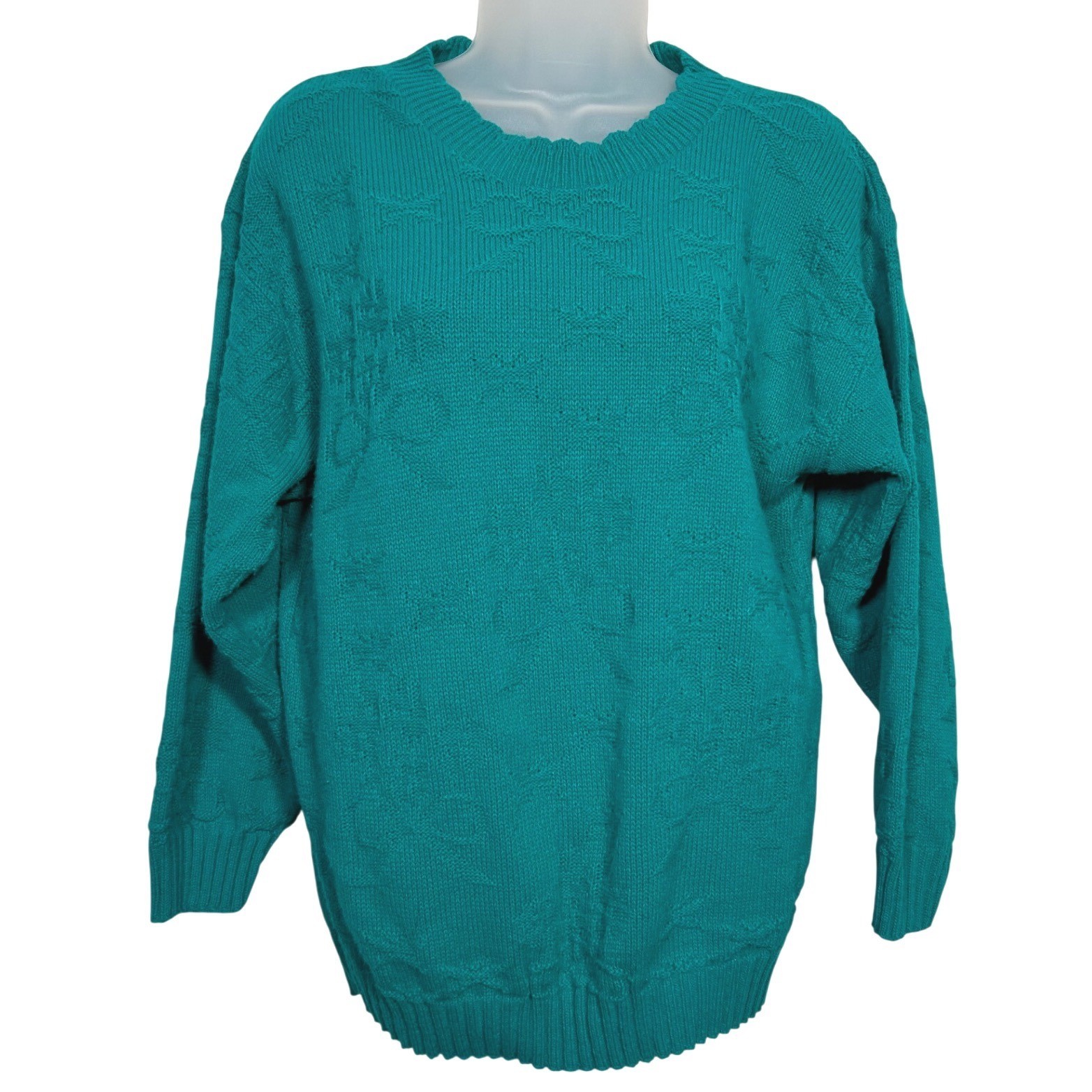Adele Knitwear Sweater Teal Geometric Textured Crewneck USA Vintage (38″ Bust)