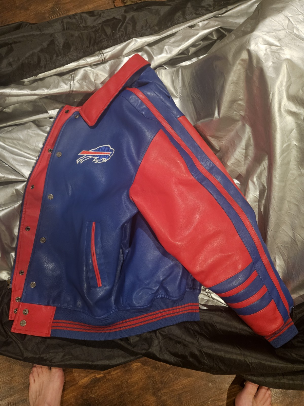 Vintage Buffalo Bills Varsity Jacket – Red/Blue Faux Leather – Men’s Size Medium