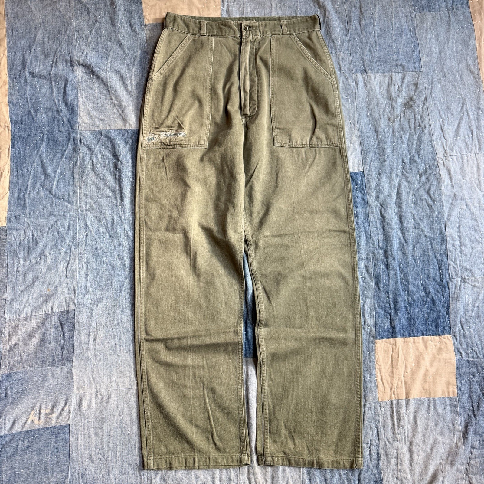 Vintage 1960s US Military Fatigue Pants Sateen OG-107 Type 1 Green Mens 32×33