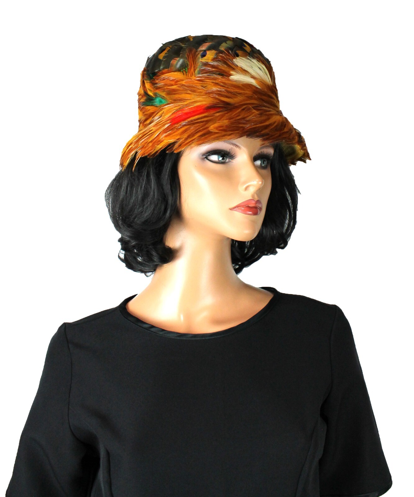 Feather Bucket Hat Sz L Vintage 60s Rust Orange Brown Green Pheasant Cocque
