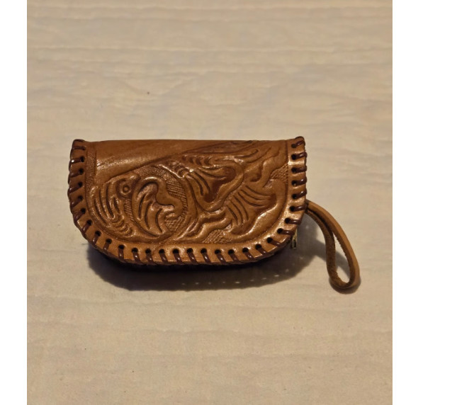Vintage Western Fish Hand Tooled Leather Coin Purse w Zipper and Wrist Strap