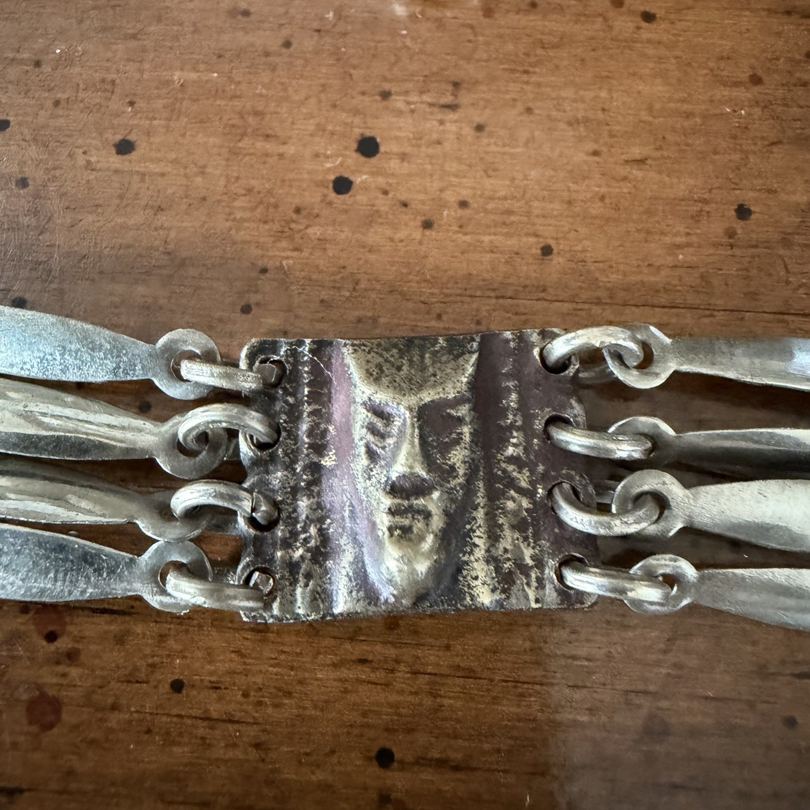 Vintage Mexico Sterling Silver Mask Panel Link Belt Aztec Style 30” 5/8” Wide