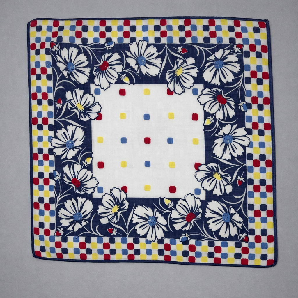 VTG Floral Checkerboard Handkerchief Red Blue Yellow Pop Art Retro Midcentury