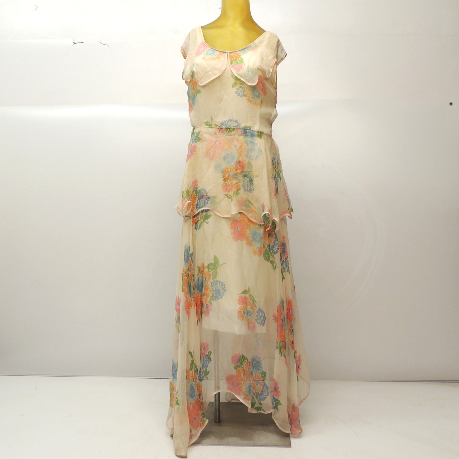 Vtg 1930s Floral Chiffon Dress Layered Ruffled Sheer Floor Length Sz S/M