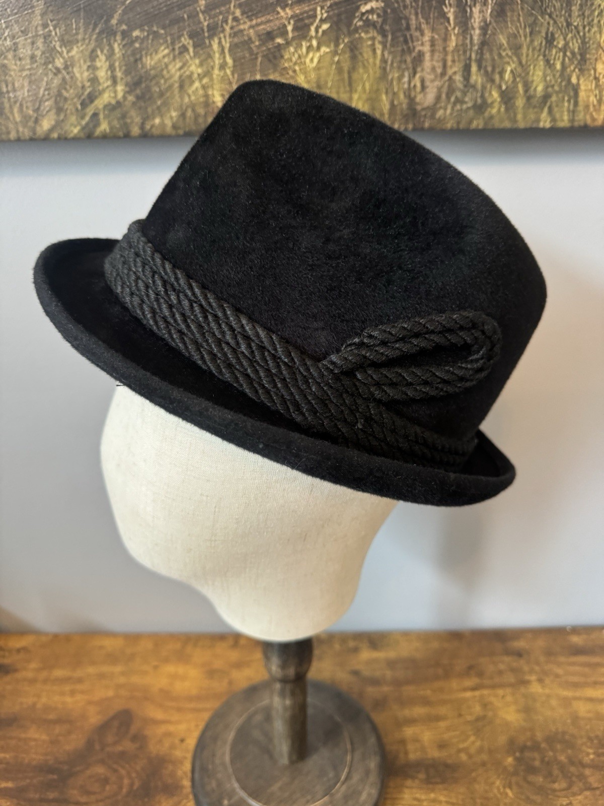 Vintage Black Velour Fur Felt Fedora Trilby Hat Size 7 Rope Band Short Brim