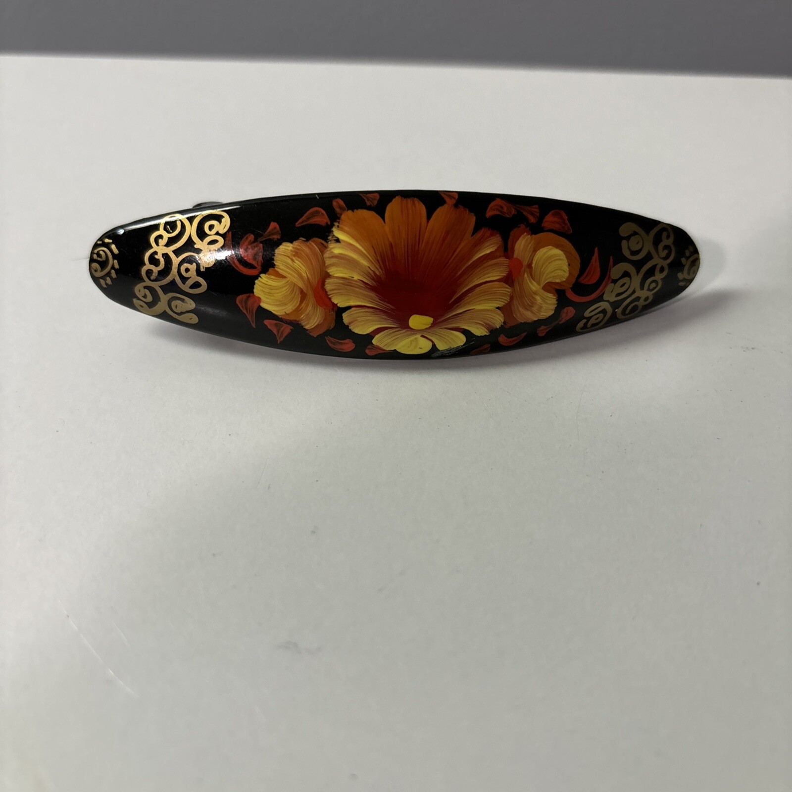 Vintage Hand Painted Floral Russian Barrette Hair Clip Signed Black Gold Flower