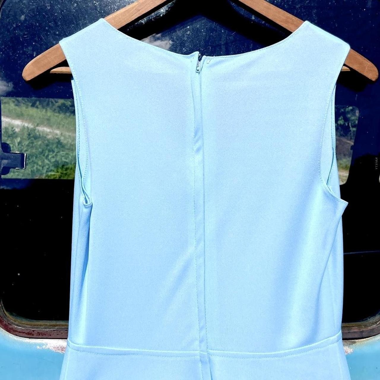 1960s blue sleeveless hostess disco dress w/ gathered chest, floor length skirt