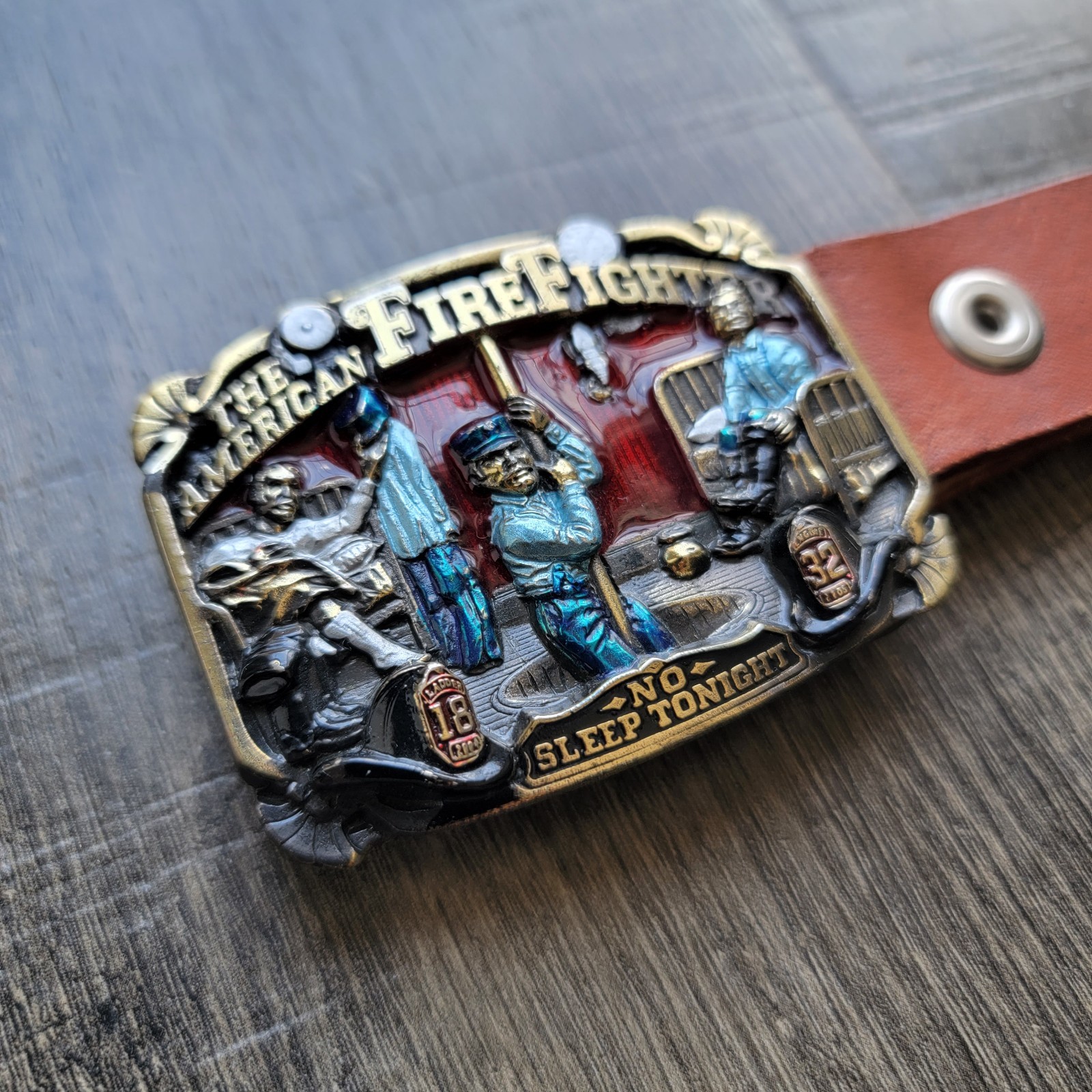 Vtg 80s The American Firefighter No Sleep Tonight Buckle Leather Belt Made USA