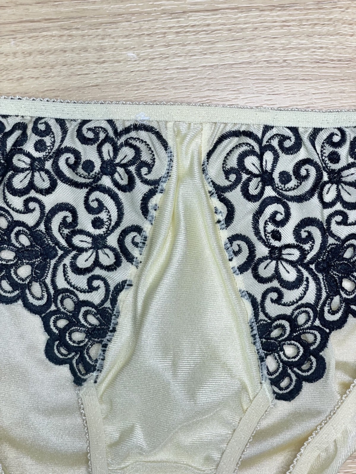 Vintage Light Yellow Nylon Panty Slippery High Leg Briefs Black Lace Bikini Sz.5