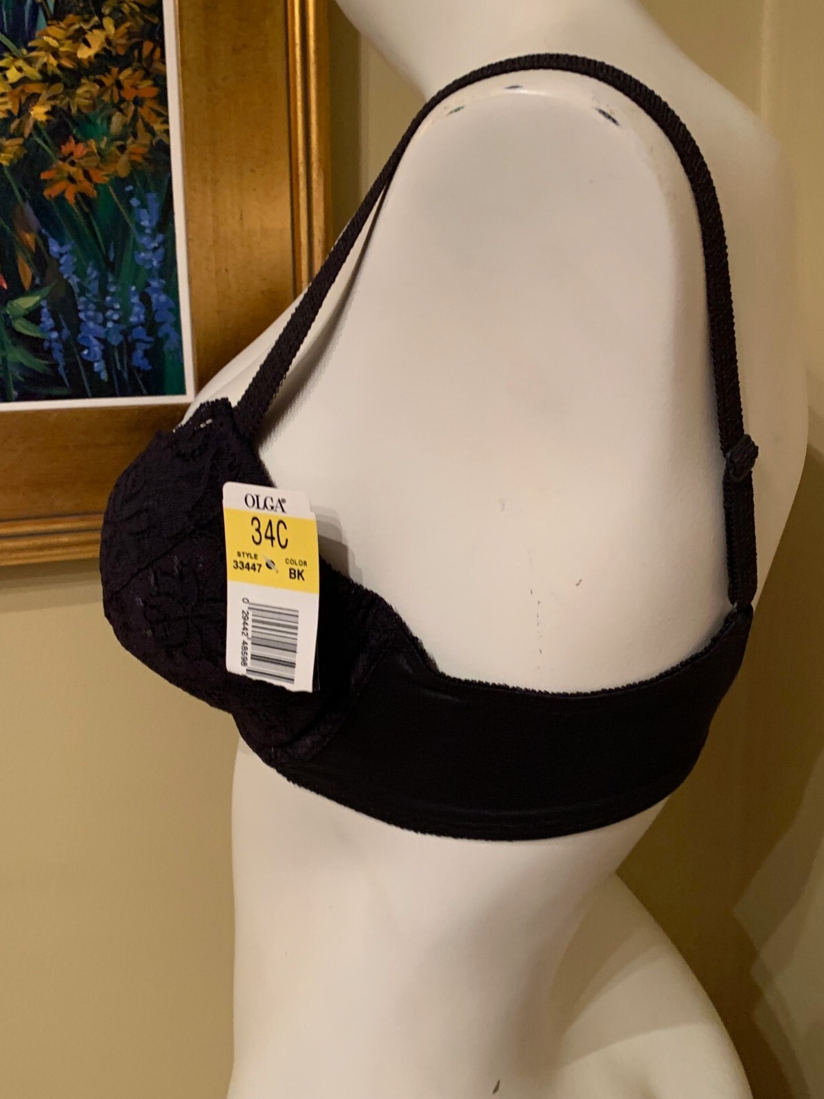 VINTAGE OLGA ~ BLACK LACE LIGHTLY PADDED PLUNGE UNDERWIRE BRA ~ SIZE 34C