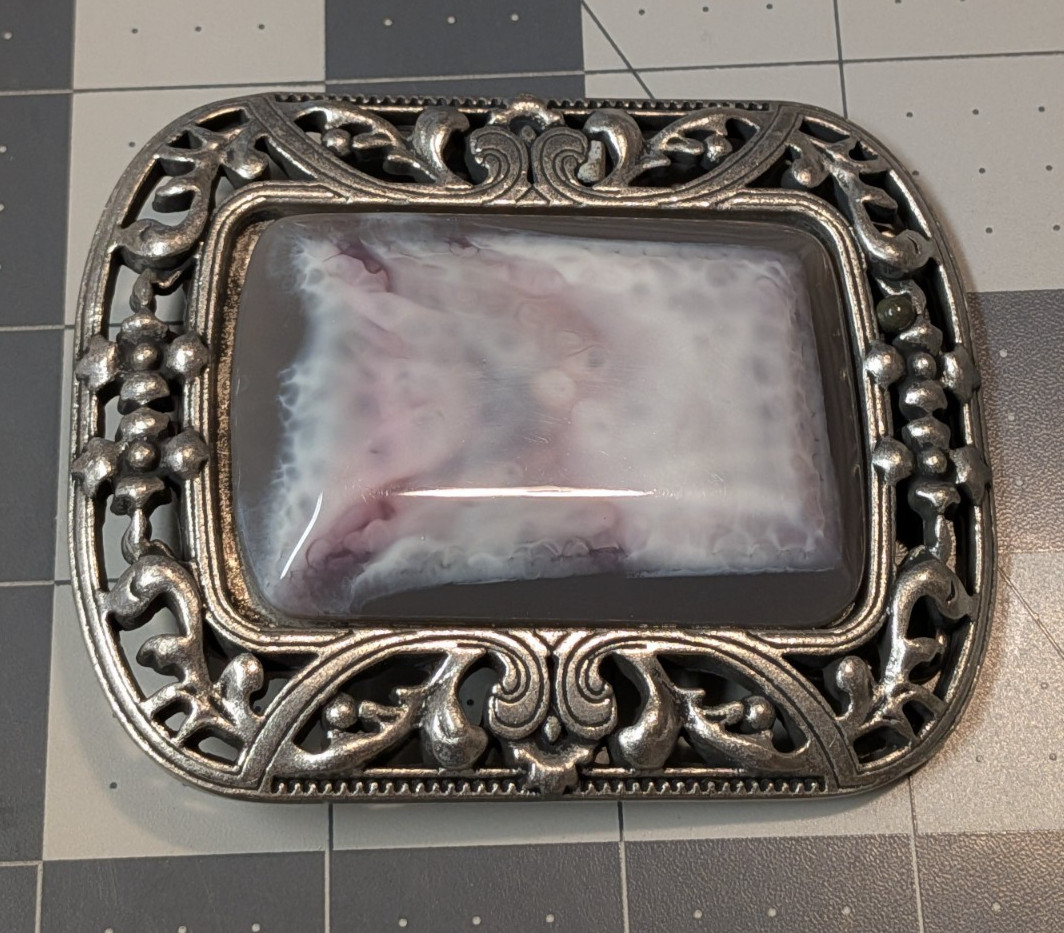 Vintage Pewter Belt Buckle Purple White Marbled Resin Cabochon Vine Scroll