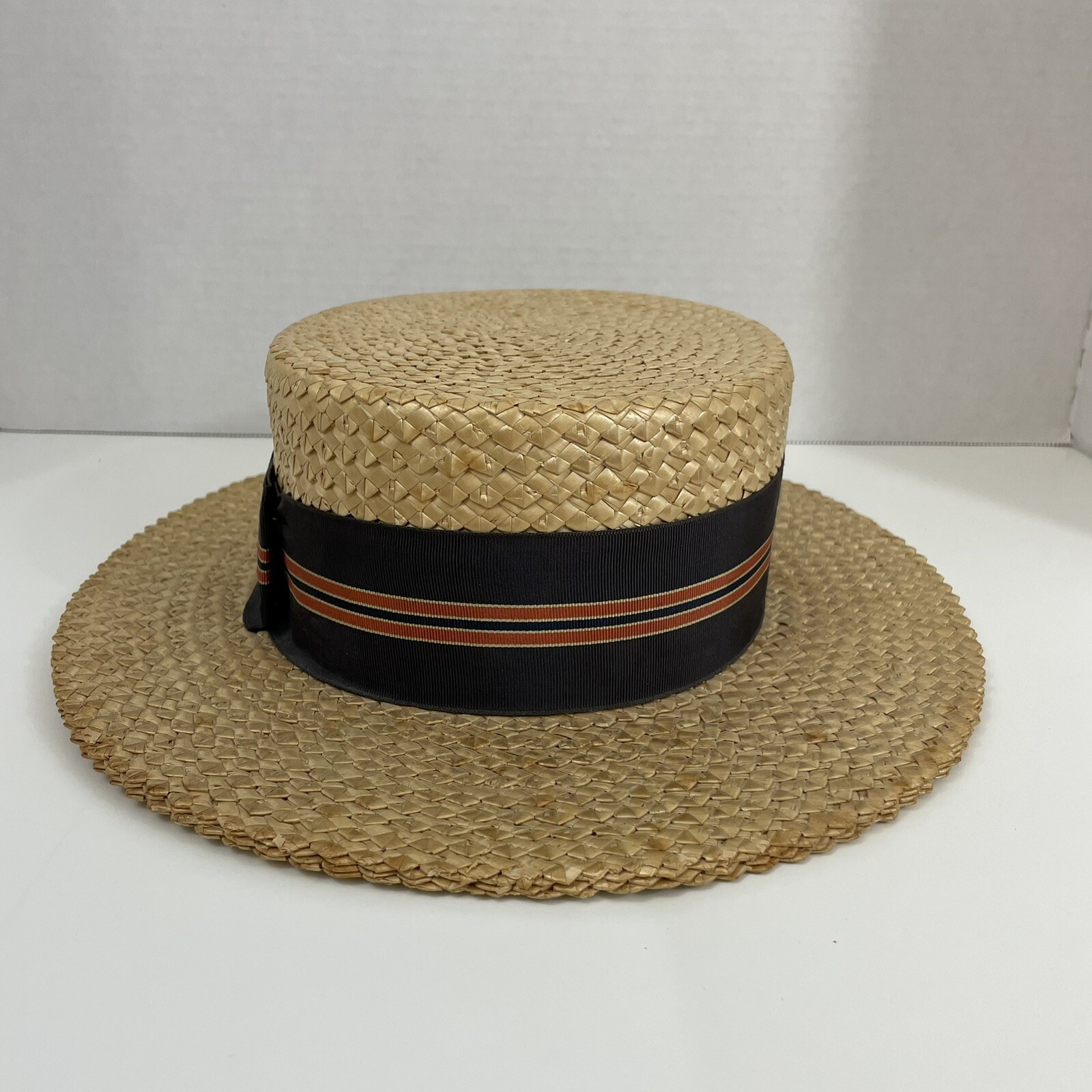 VTG Stetson Hat Mens 6 7/8* Long Oval Blue Red Ribbon Medalist Straw Boater Hat