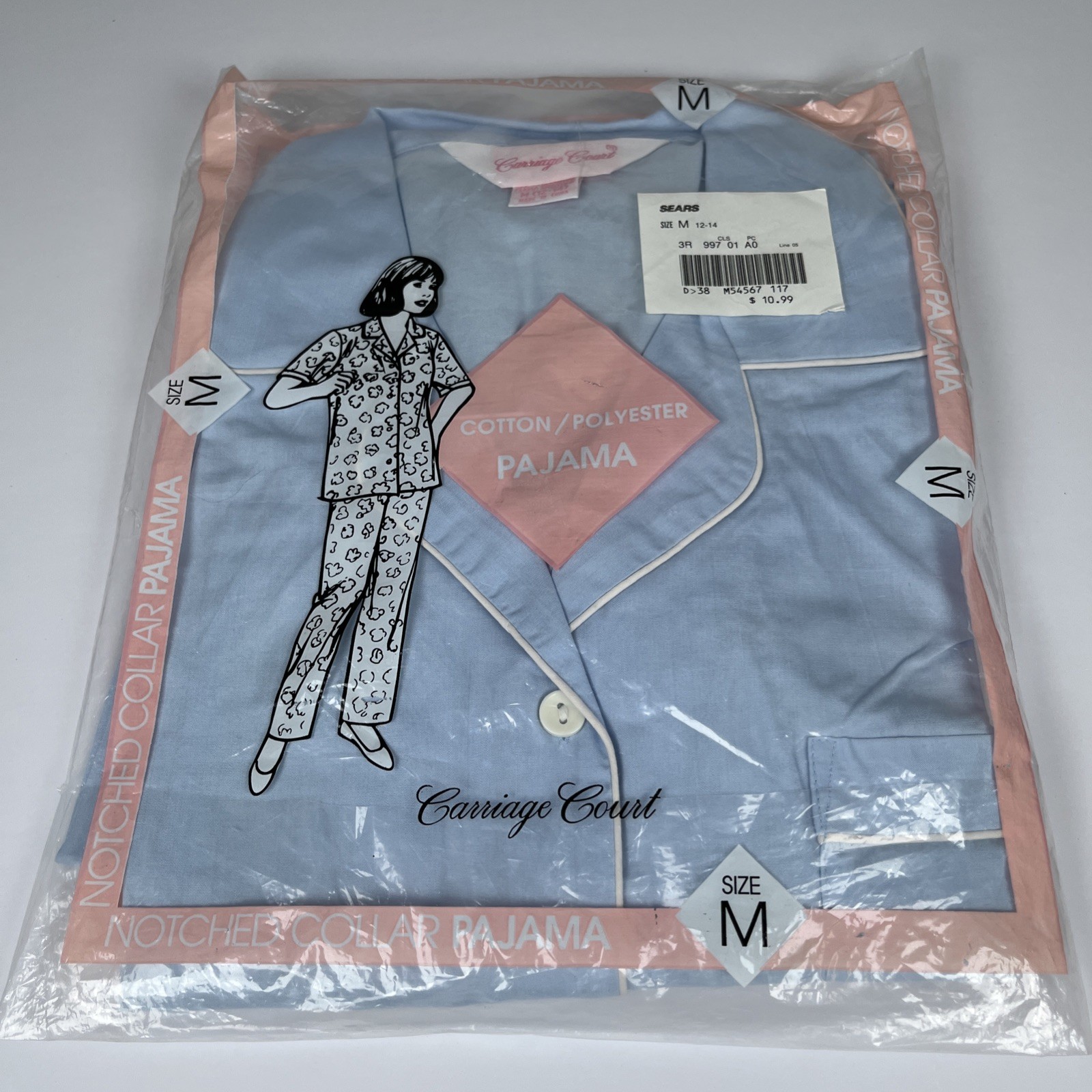 Vtg Sears Pajama Set Womens 12 Blue Notched Collar Piping New Old Stock Lounge