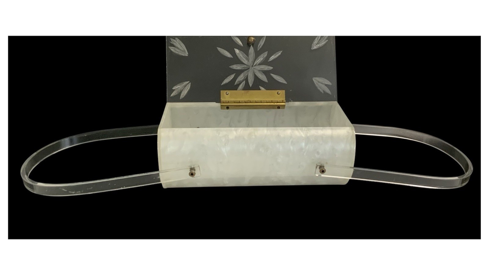 Vtg Pearlescent Lucite Elongated Oval Purse 8 x 3½” – Double Handle/Latch Intact