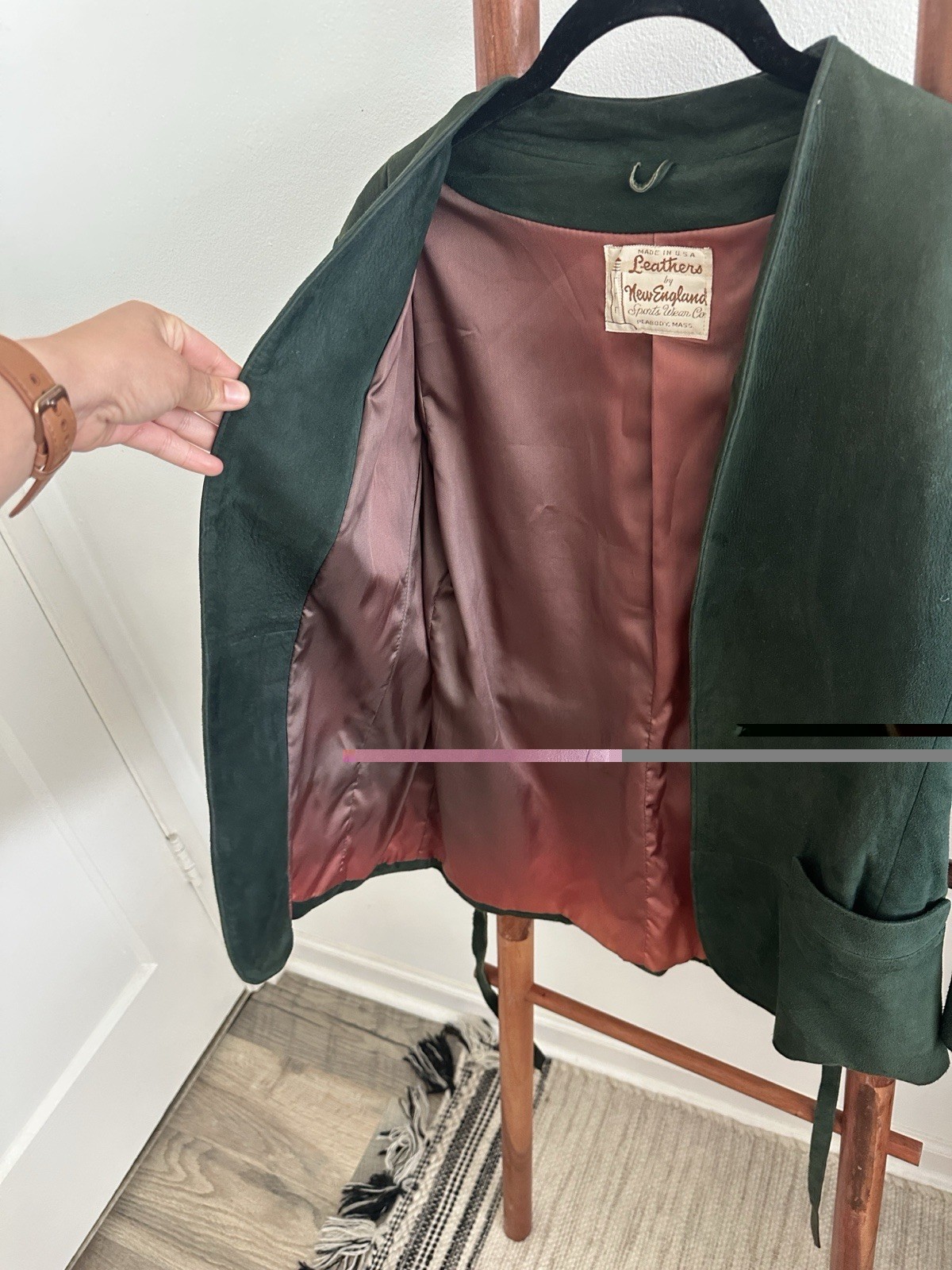 Vintage Leathers By New England Green Suede Jacket With Belt Pockets Size S/M