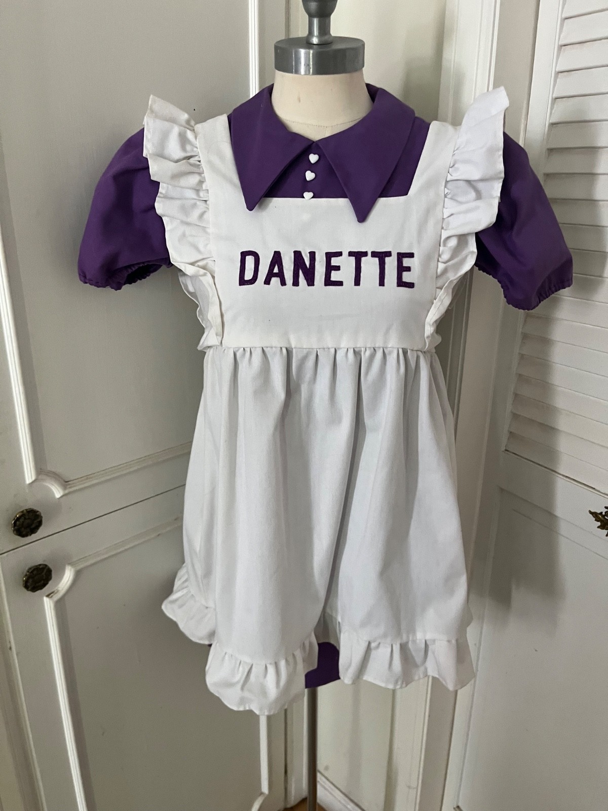 Vtg 60s Waitress~French Maid Uniform Purple Authentic Apron Embroidered Danette