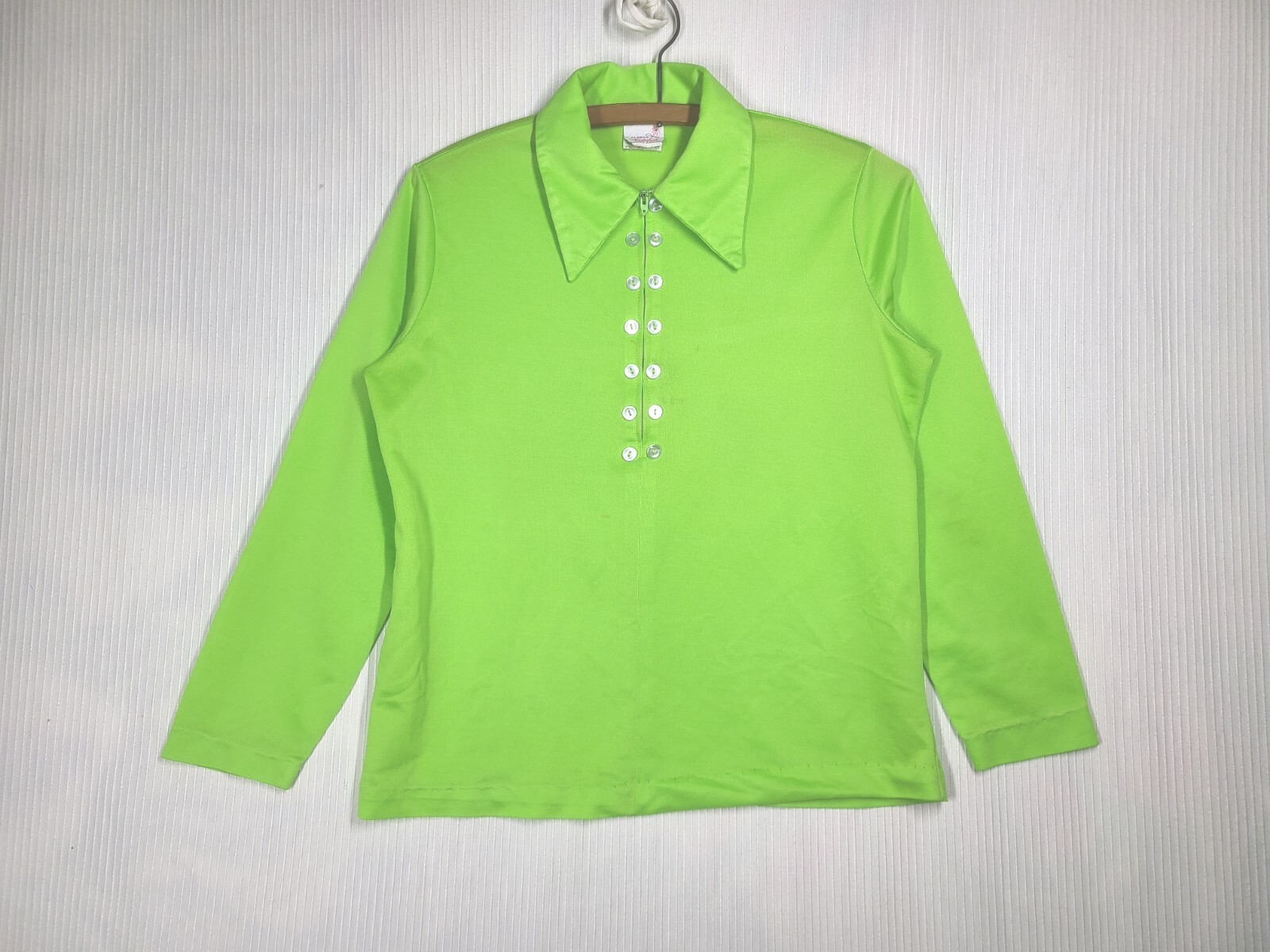 Vtg 70s Lime Green Zipper Top Knit Polyester Bright Color Retro S M Aldens