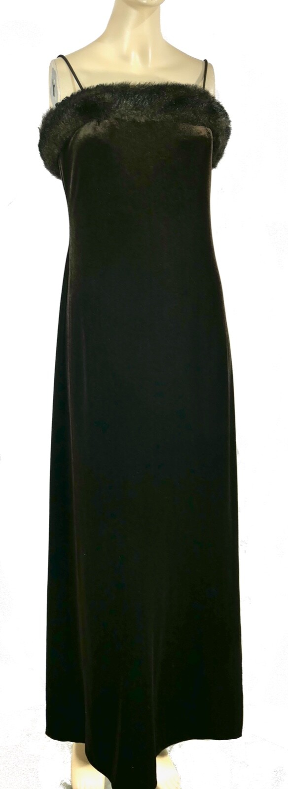 Vintage Cachet Umber Velvet Velour Faux Fur Spaghetti Wiggle Pencil Maxi Dress M