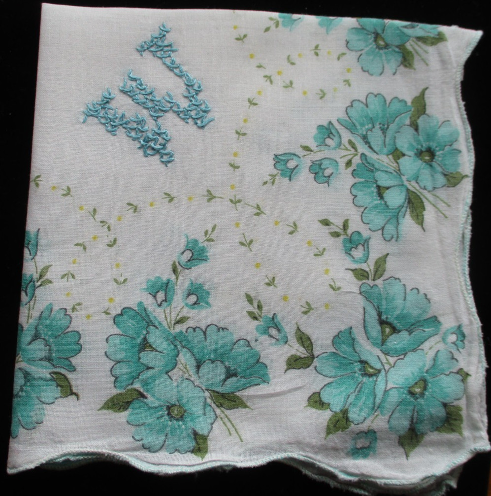 Vgt Turquoise Monogrammed “W” Hankie Handkerchief. Floral Design.
