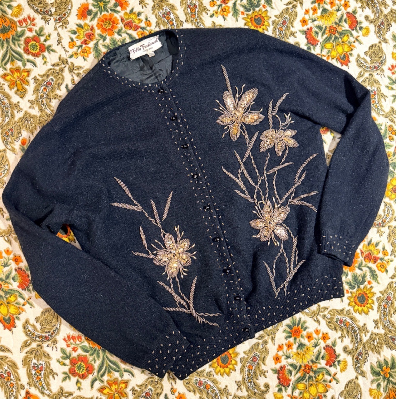 Vintage Fully Fashioned Fur Blend Black Bronze Beaded Floral Cardigan Sweater