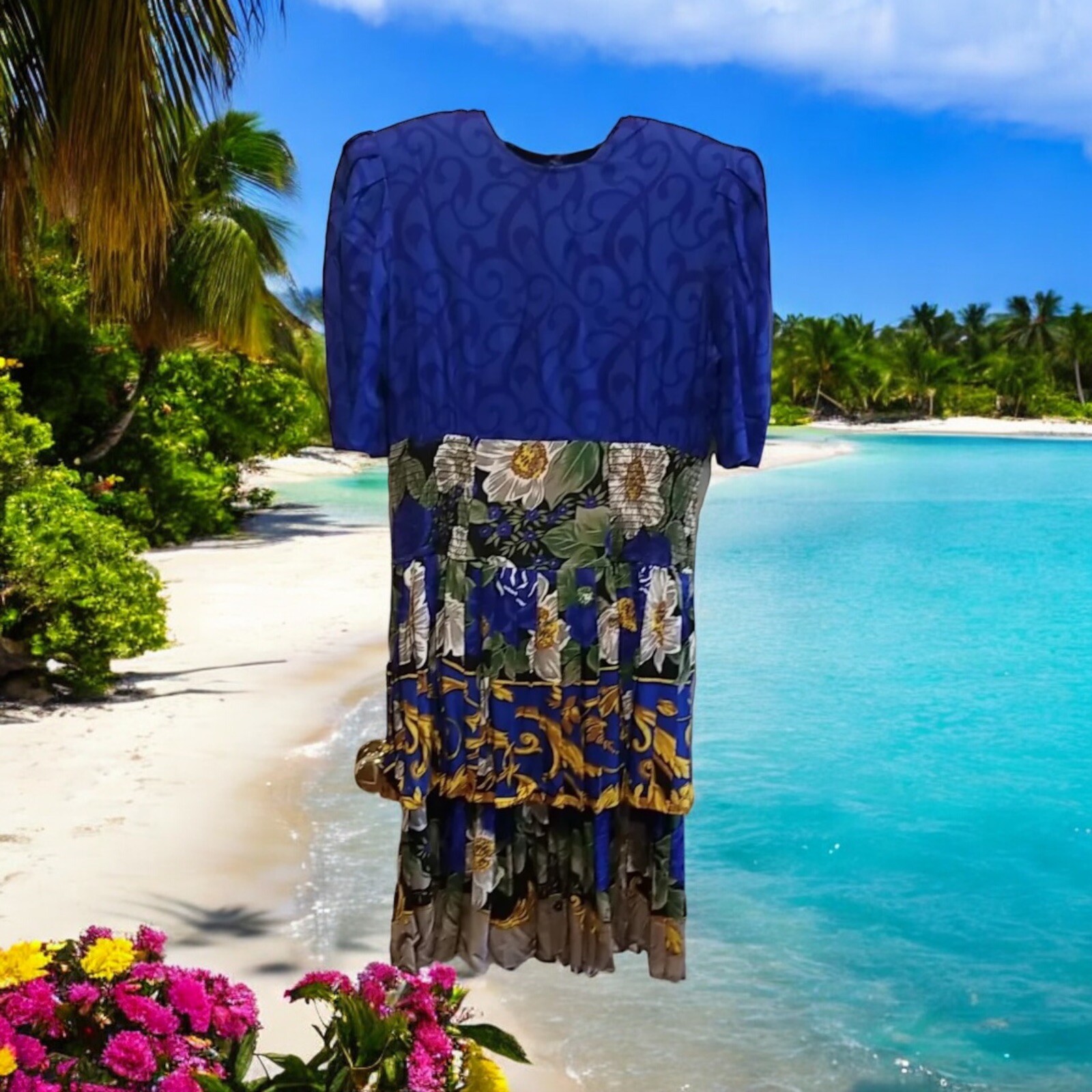 VTG 80s CHOON California Dress Womens Size 10 Blue Yellow Floral Tiered Layers
