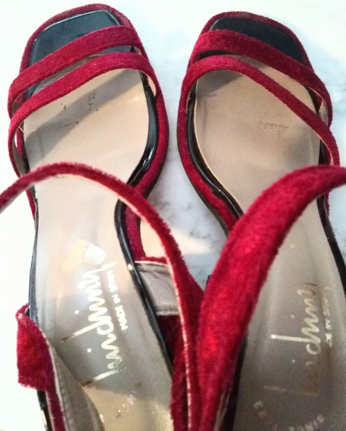Vtg 90s Y2K Luichiny Chunky Block Heels Red Velvet Strappy Prom Retro WORN ONCE