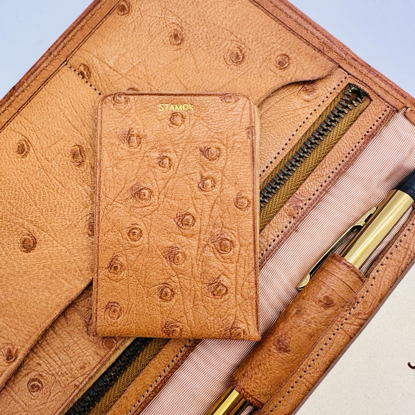 VTG 1950s Organizing Wallet Ostrich Leather With Mechanical Pencil Notepad