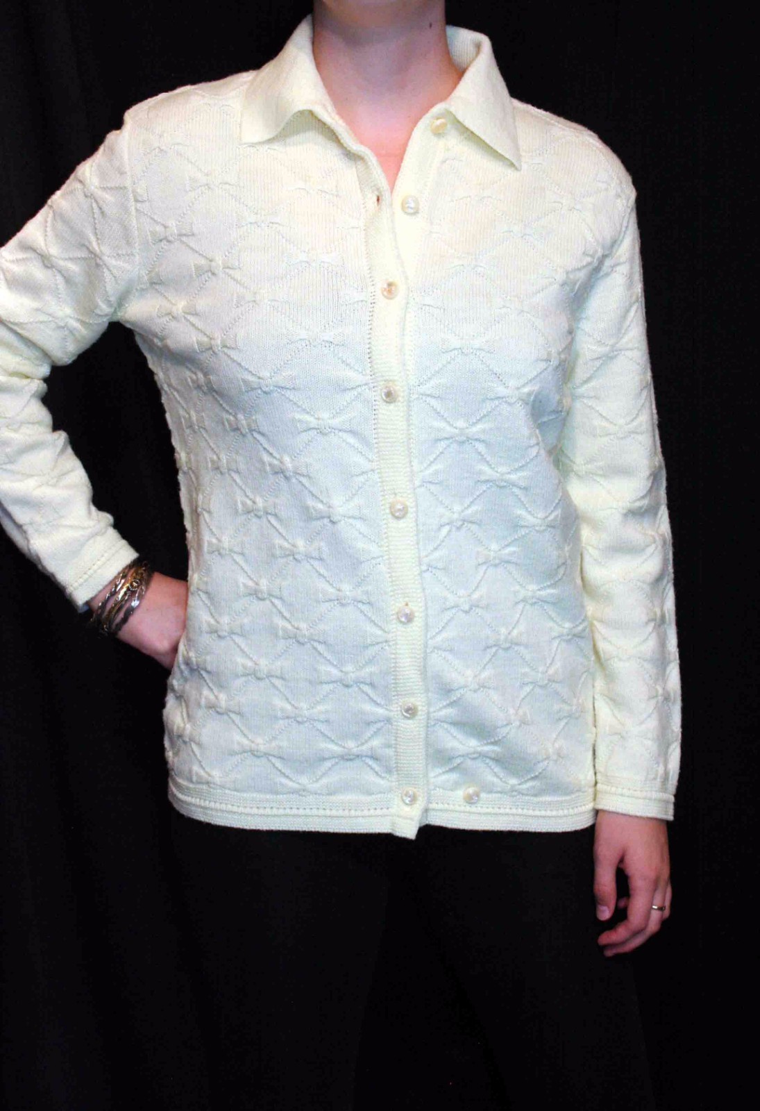 NOS M Vtg 60s Cardigan Sweater TEXTURED Mod Geo Design CUDDLE KNIT Pale YELLOW