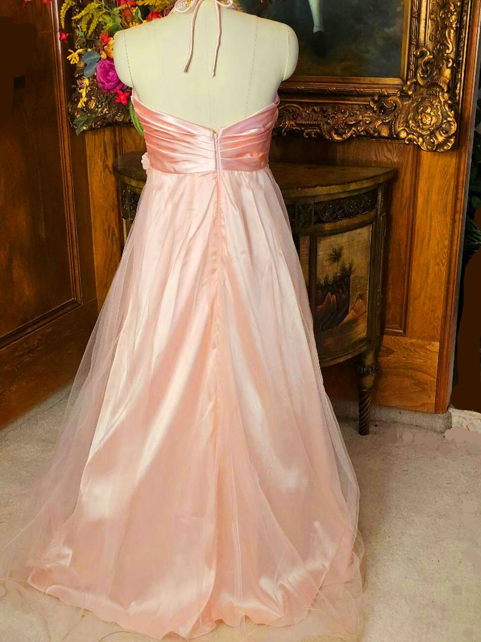 BLONDIE NITES NEW OLD STOCK SATIN SEQUIN ARTIFICIAL FLOWERS PLEATED EVENING GOWN