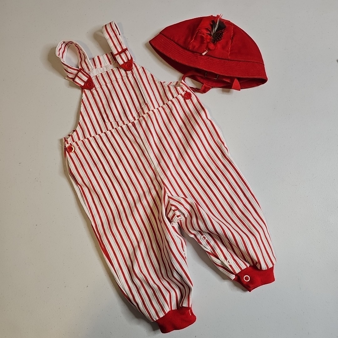 Vintage Overalls White & Red Striped Buster Brown Size 12 M & Hat Made In USA