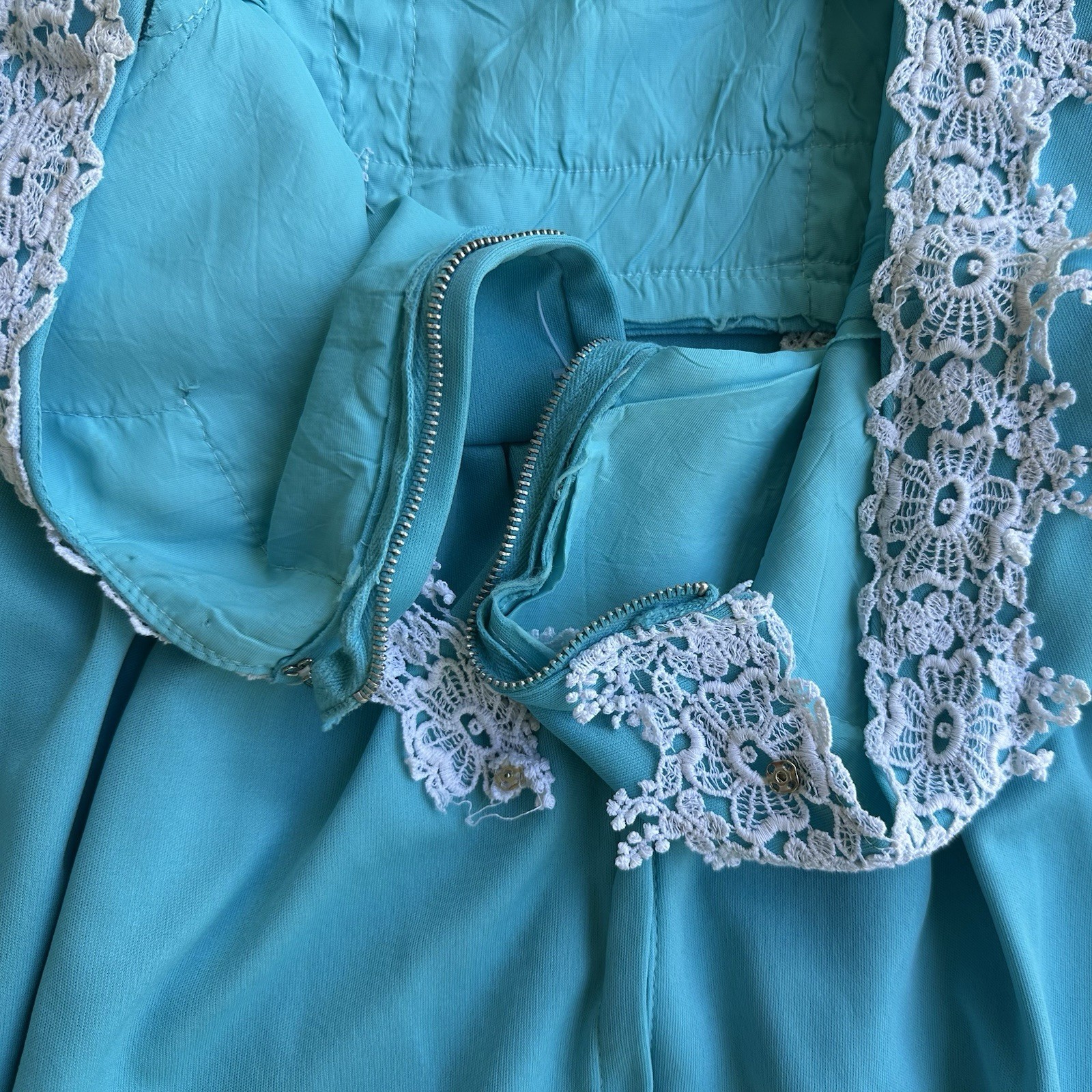 60s/70s bright blue maxi with white lace trim