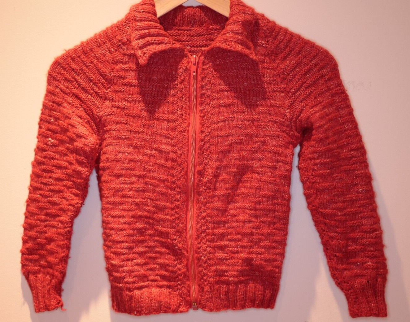 Vintage Kids Cardigan Brown Red Marl Zip Up approx 134 * hand knitted