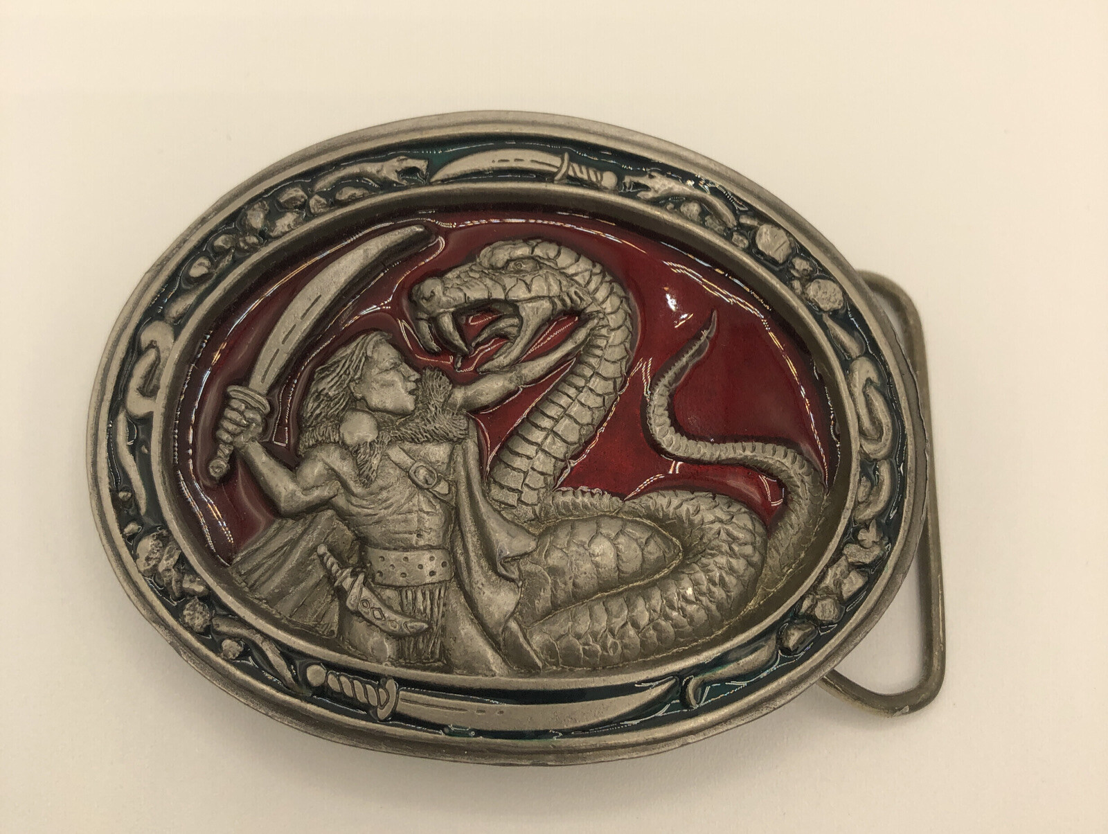 VTG BUCKLES OF AMERICA MASTERPIECE COLLECTION SERPENT SLAYER PEWTER & ENAMEL