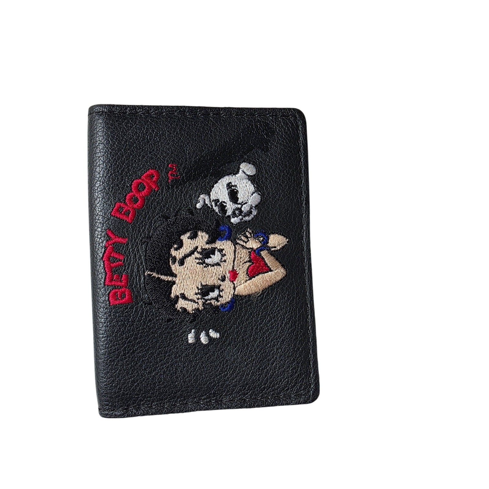 Vintage Betty Boop Embroidered Black Leather Card Holder Wallet ID Case.