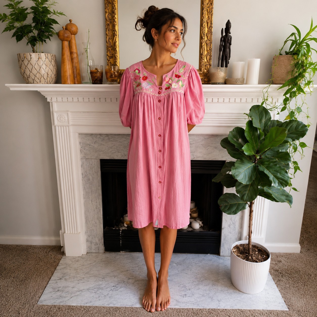 Vintage 80s Bechamel Red Embroidered House Coat Fruit Print Mumu Size Large