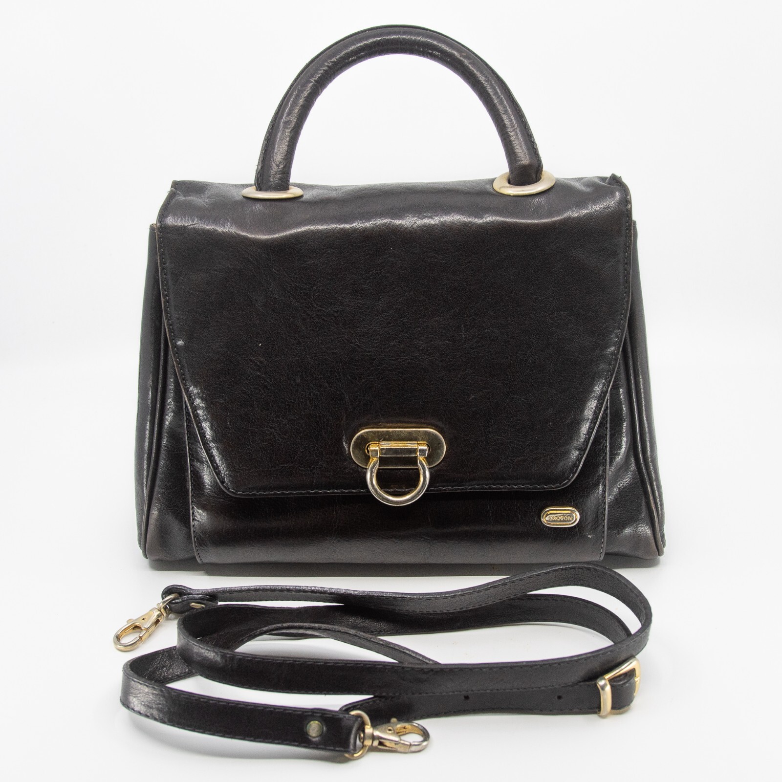 Vintage OROTON deep dark brown leather structured handbag – detachable strap