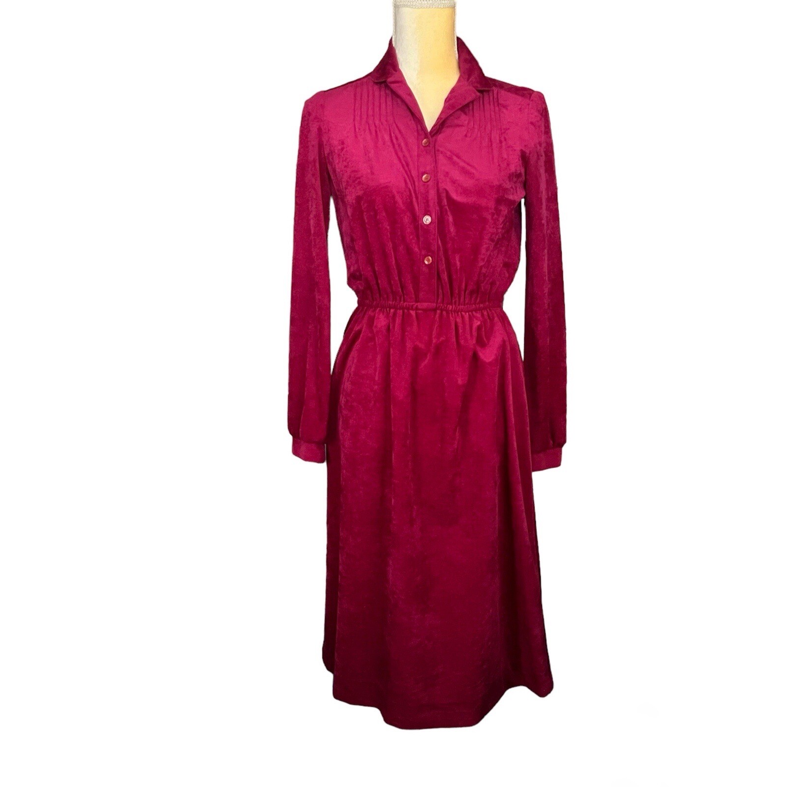 Vtg Shirt Waist Dress Burgundy Long Sleeves Size 7/8 No belt