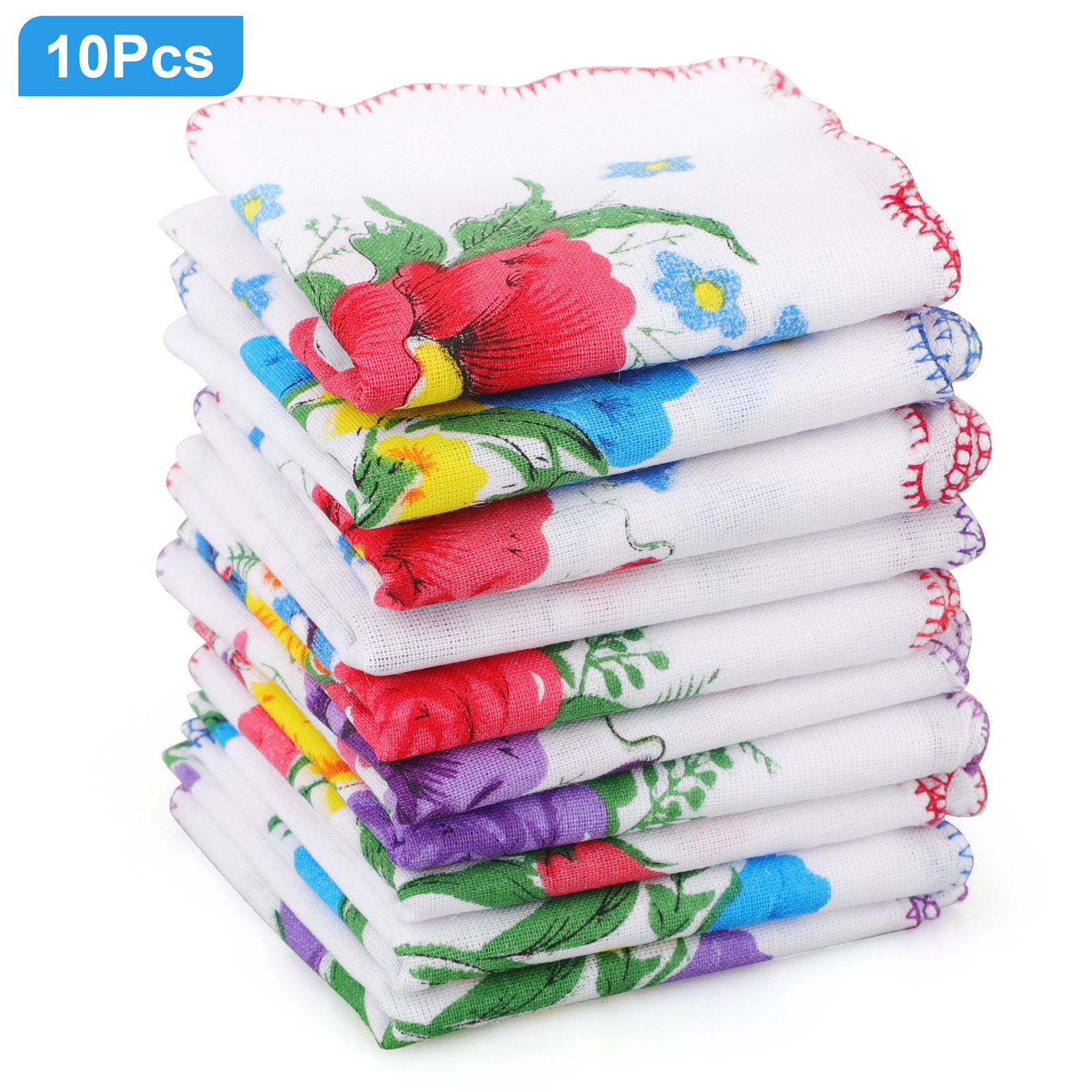 10Pcs Floral Printing Handkerchiefs for Women, 11×11″ Soft Cotton Ladies Hankies