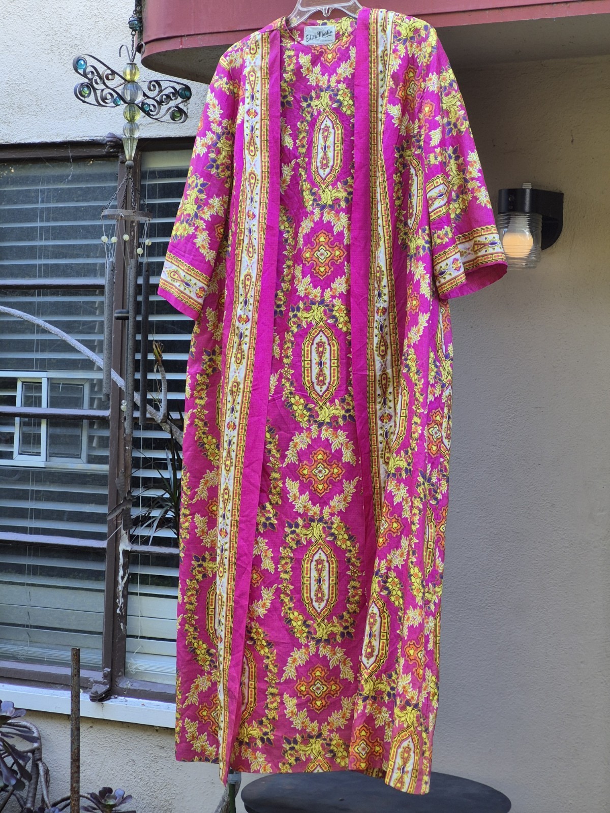 Vintage Edith Martin Fuchsia Pink Floral Silk Muu Kaftan Cover Hostess Day Dres