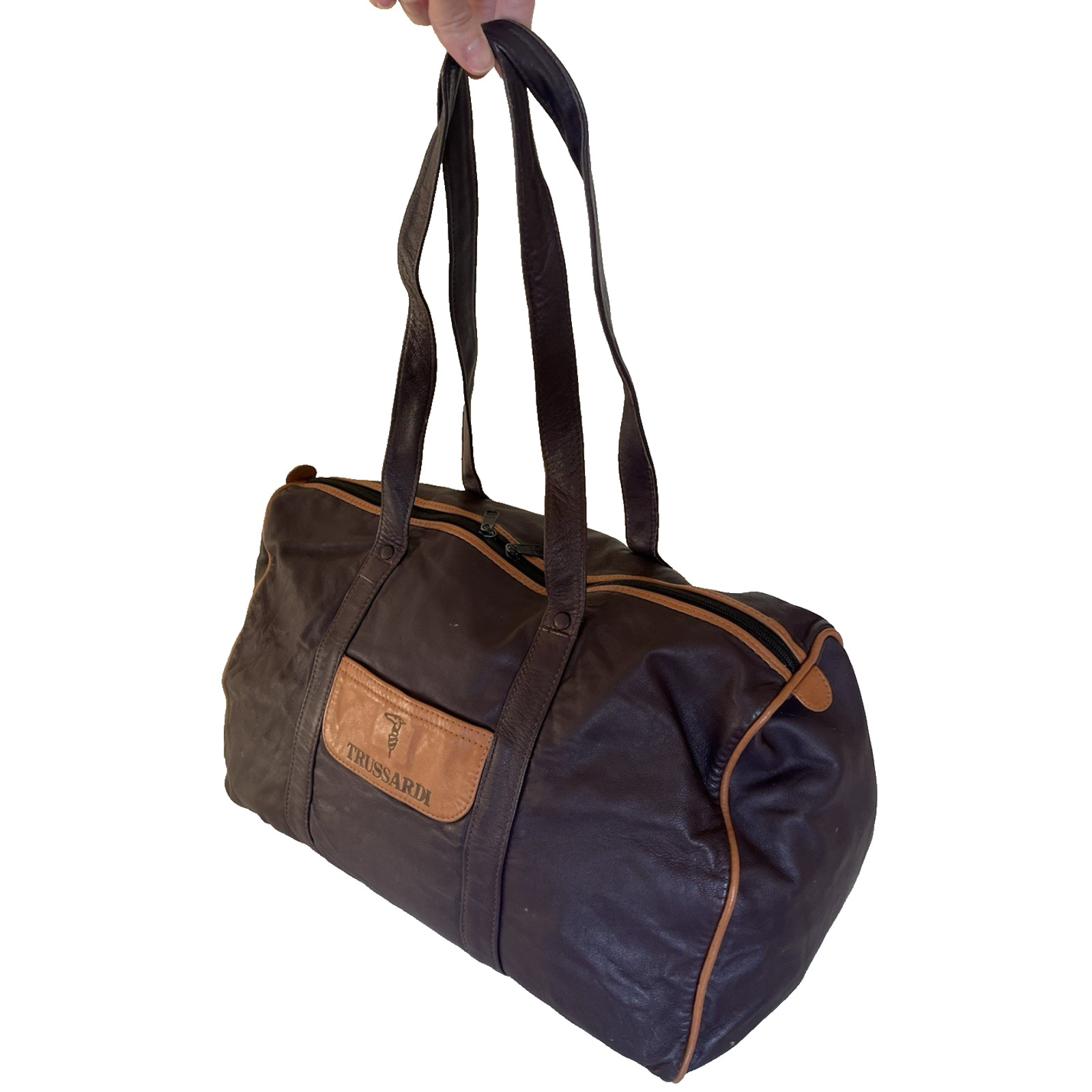 Vintage Trussardi Leather Boston Duffle Travel Carry On Gym Weekender Bag Italy