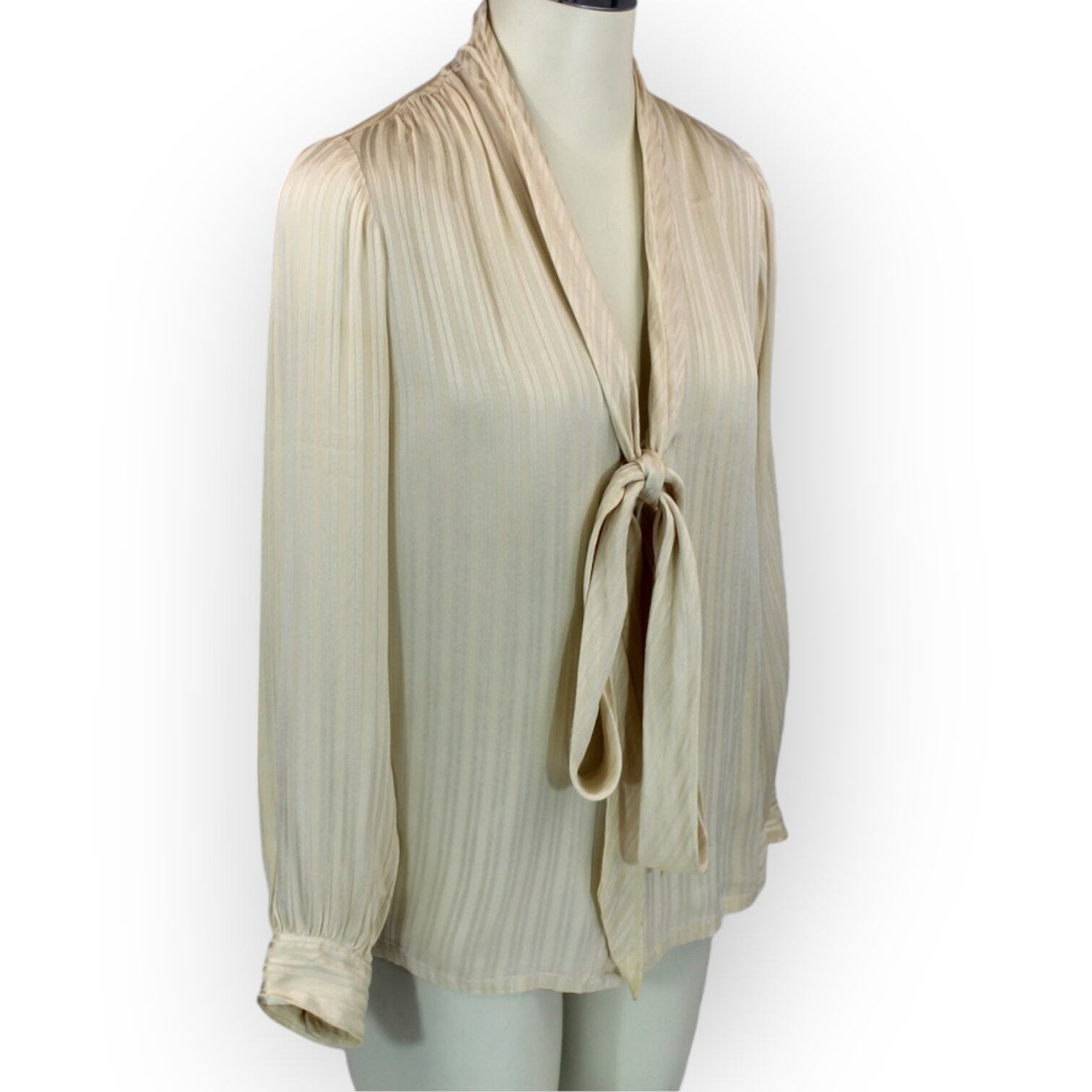 Vintage Cache Silk Blouse (S) Ivory~Cream V-Neck Pussy Floppy Bowtie Lavalliere