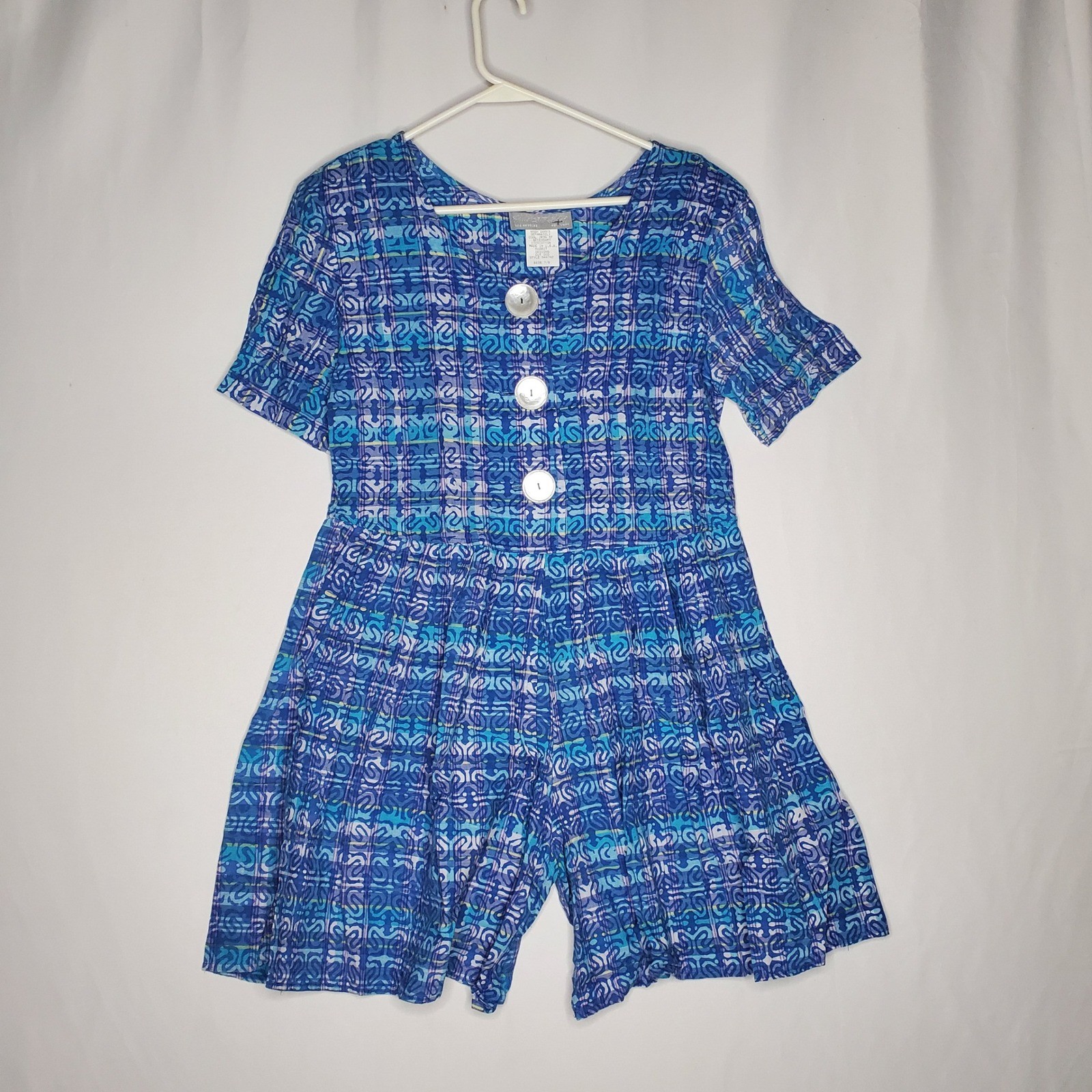 Vintage Rabbit Jr 7/8 Romper Blue Button Abstract Geometric Cotton Short Sleeve