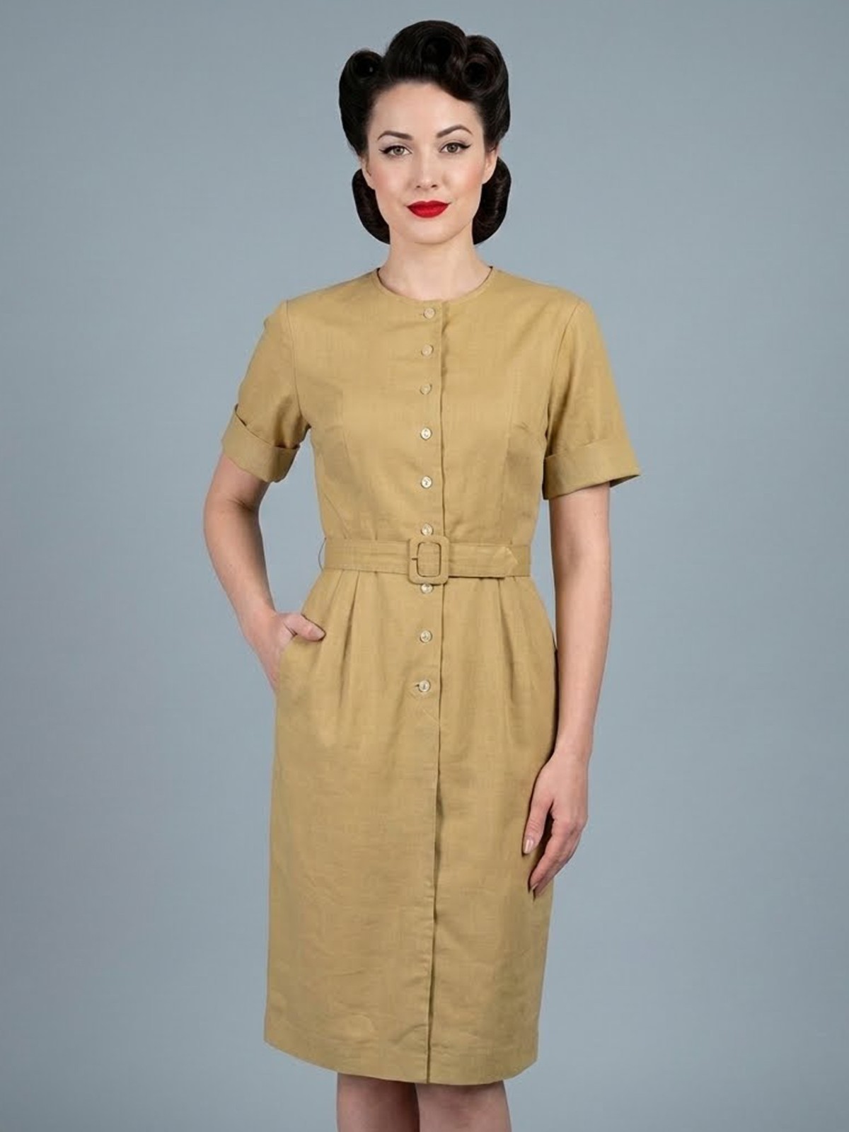 M Vintage 1950s Sue Brett Tan Pencil Simple Day Dress Pockets Belted Cotton 50s
