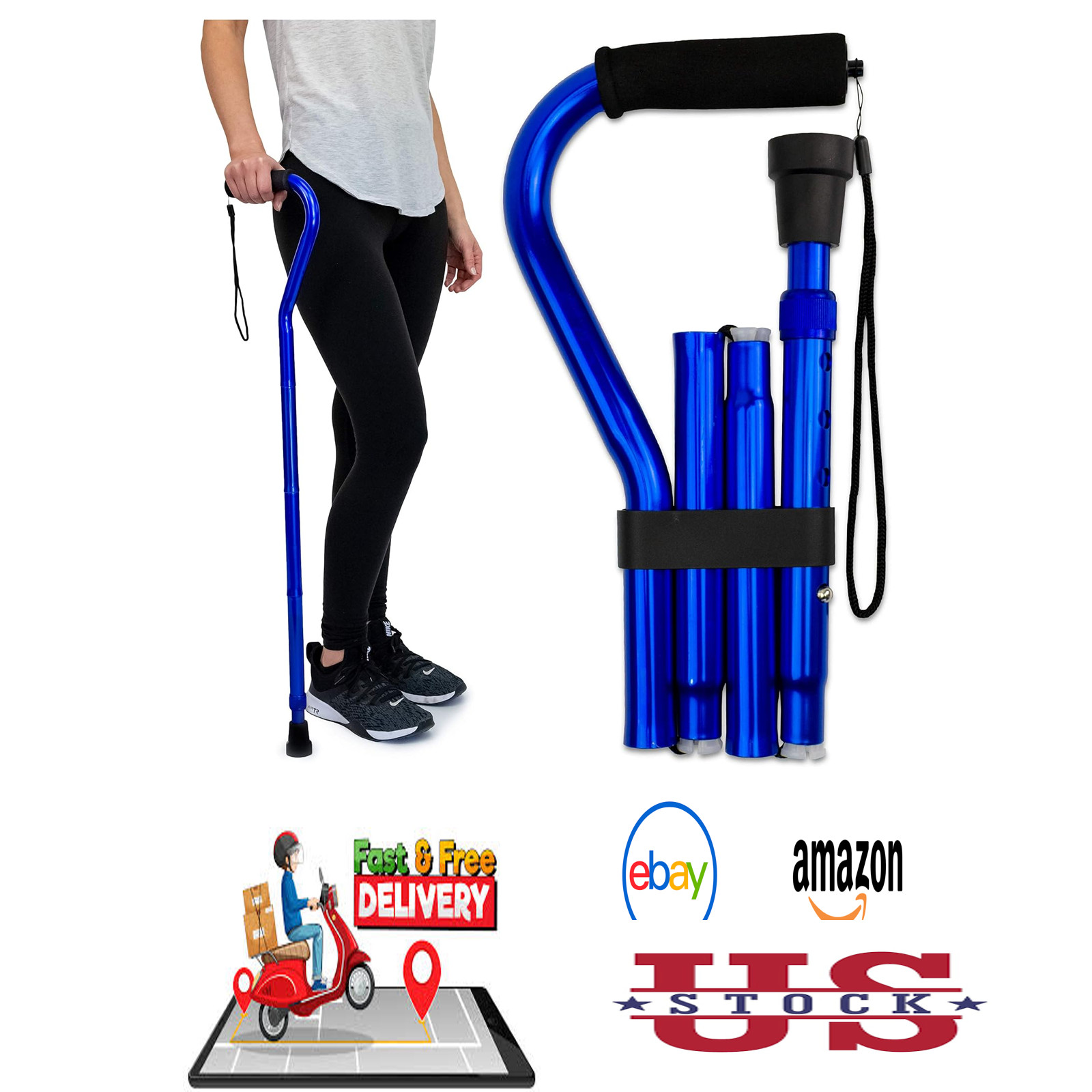 Folding Cane with Offset Foam Handle Aluminum Adjustable Walking Stick Blue